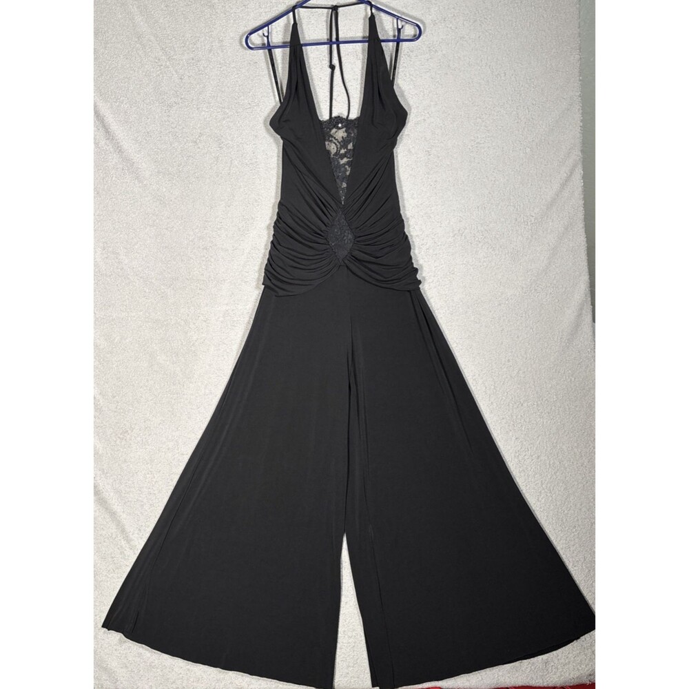 VNTG Jessica McClintock Jumpsuit‎ Fits XXS Black Ultra Wide Leg Goth Witchy Lace